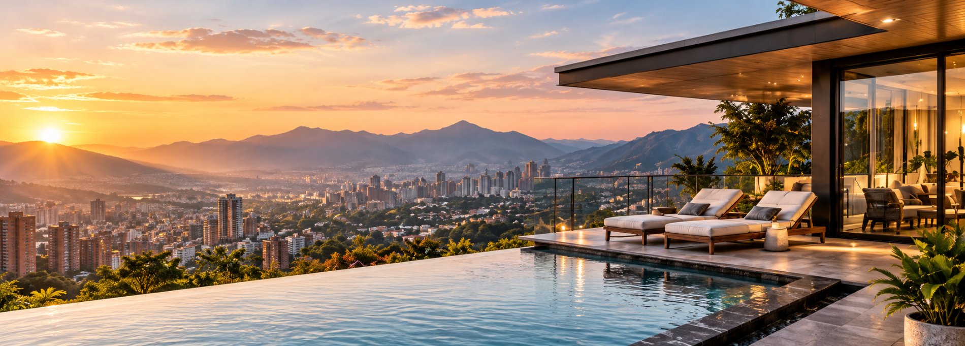 Hotel con piscina infinita y vista a Medellín al atardecer